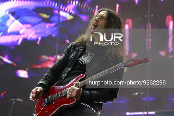 December 04, 2022, Toluca, Mexico: Guitarist Kiko Loureiro of the Megadeth American thrash metal band  performs on stage during  the third d...