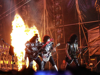 December 04, 2022, Toluca, Mexico: Tommy Thayer, Gene Simmons, Paul Stanley integrants of the Kiss American rock band   perform on stage dur...