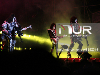 December 04, 2022, Toluca, Mexico: Tommy Thayer, Gene Simmons, Paul Stanley integrants of the Kiss American rock band   perform on stage dur...