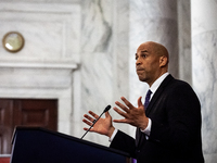 Senator Cory Booker (D-NJ) speaks at a Senate briefing on Iran, hosted by the Organization of Iranian American Communities, a group affiliat...