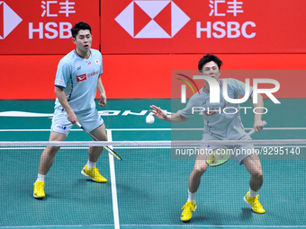 Takuro HOKI and Yugo Kobayashi of Japan compete in the Men's Doubles against Fajar ALFIAN and Muhammad Rian ARDIANTO of Indonesia on two one...