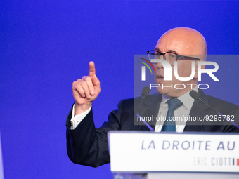 French LR party presidency candidate Eric Ciotti adresses a speech at the Les Republicains party headquarters in Paris on December 8, 2022,...