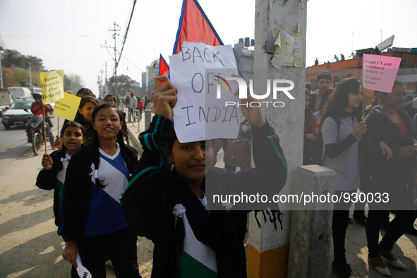 Nepalese students shout anti Indian slogan during a protest against the blockade of Nepal, in Kathmandu, Nepal, 27 November 2015. Pupils and...