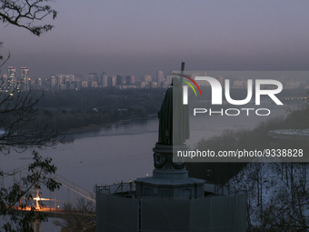 Panorama of Kyiv during power outage after a massive russian drones attack on Ukrainian power infrastructure early morning in Kyiv, Ukraine,...
