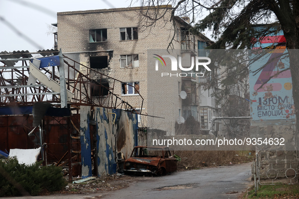 KHARKIV REGION, UKRAINE - DECEMBER 22, 2022 - Buildings destroyed as a result of shelling by the Russian troops in the city of Izium liberat...