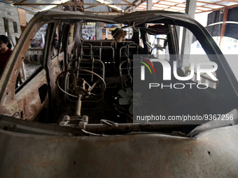 A car wreck due of the 2010 eruption of Mount Merapi which were exhibited at the Citizen Museum during holiday for the end of the year, at C...