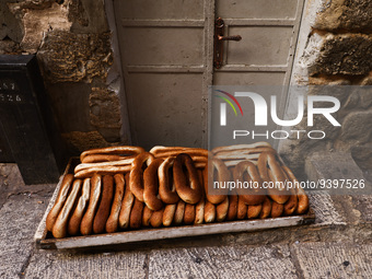 Traditional bread is seen on a street of the Old City in Jerusalem, Israel on December 29, 2022. (