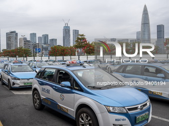 Taxis waiting in a Taxi Stop on January 8, 2023 in Shenzhen, China. China today lifts its requirement for inbound travelers to undergo a man...