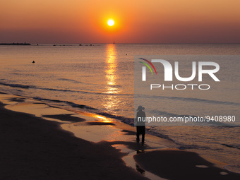 Charles Clore Beach during a sunset at the Mediterranean Sea in Tel Aviv, Israel on December 30, 2022. (