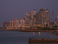 An evening view on Charles Clore Beach at the Mediterranean Sea in Tel Aviv, Israel on December 30, 2022. (