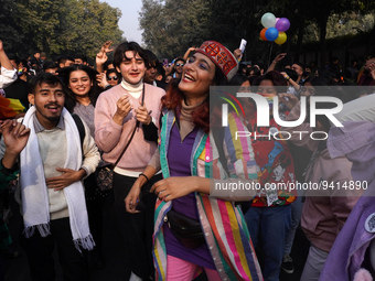 Participants and supporters of LGBTQ community dance during the annual Delhi Queer Pride March, an event promoting lesbian, gay, bisexual an...