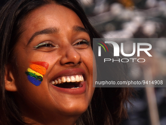 A participant with a rainbow painted face takes part in the annual Delhi Queer Pride March, an event promoting lesbian, gay, bisexual and tr...