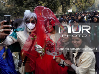 Participants click a picture as they take part in the annual Delhi Queer Pride March, an event promoting lesbian, gay, bisexual and transgen...