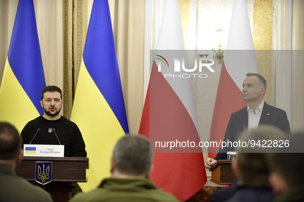 LVIV, UKRAINE - JANUARY 11, 2023 - President of Ukraine Volodymyr Zelenskyy (L) and President of the Republic of Poland Andrzej Duda attend...