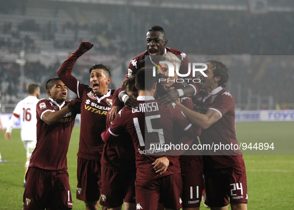 The exultation of Torino team after the penalty of Maxi Lopez during the Seria A match  between Torino FC and AS Roma at the olympic stadium...