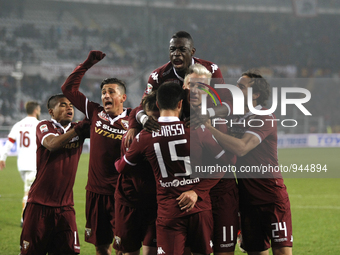 The exultation of Torino team after the penalty of Maxi Lopez during the Seria A match  between Torino FC and AS Roma at the olympic stadium...