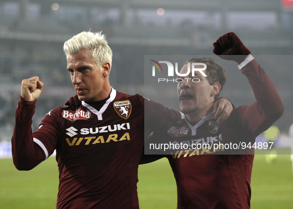 The exultation of Maxi Lopez and Andrea Belotti after the penalty scored by Maxi Lopez during the Seria A match  between Torino FC and AS Ro...