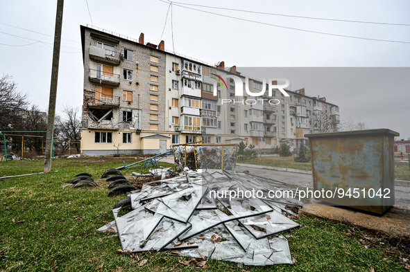 HULIAIPOLE, UKRAINE - JANUARY 14, 2023 - Broken window panes are piled by a garbage container, Huliaipole, Zaporizhzhia Region, southeastern...