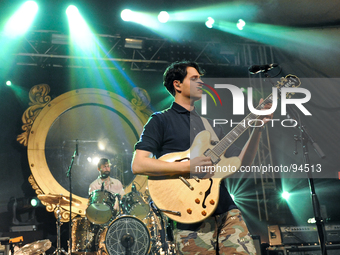 Ezra Koenig (R) and Chris Tomson of the band Vampire Weekend perform in concert at Stubb's on April 25, 2014 in Austin, Texas. (