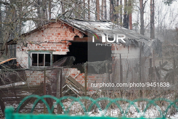 YAHIDNE, UKRAINE - JANUARY 14, 2023 - A building destroyed by the shelling of Russian troops is pictured in Yahidne village, Chernihiv Regio...