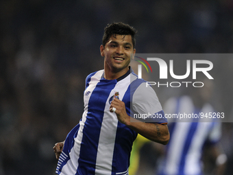 Porto's Mexican forward Jesús Corona celebrates after scoring a goal during the Premier League 2015/16 match between FC Porto and FC Pacos F...