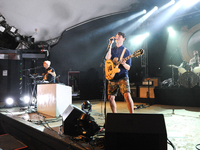 (L-R) Rostam Batmanglij, Ezra Koenig and Chris Tomson of the band Vampire Weekend perform in concert at Stubb's on April 25, 2014 in Austin,...