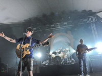 (L-R) Ezra Koenig, Chris Tomson and Rostam Batmanglij of the band Vampire Weekend perform in concert at Stubb's on April 25, 2014 in Austin,...