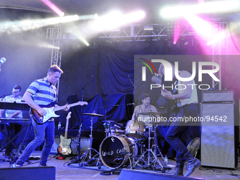 (L-R) Eric Wilson, Keegan DeWitt, Dabney Morris and Harry West of the band Wild Cub perform in concert at Stubb's on April 25, 2014 in Austi...