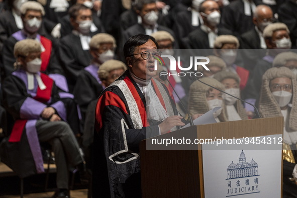 President of the Law Society of Hong Kong, Chan Chak-ming delivering a speech on stage during the Ceremonial Opening of Legal Year 2023 insi...