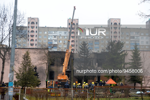 BROVARY, UKRAINE - JANUARY 18, 2023 - Rescuers remove the rubble at the scene of the fatal helicopter crash at a kindergarten in Brovary, Ky...