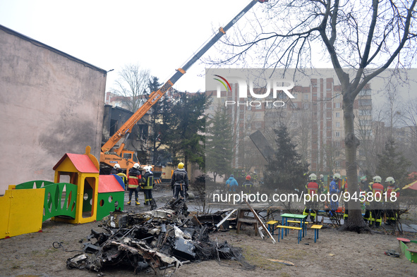 BROVARY, UKRAINE - JANUARY 18, 2023 - A response effort to the fatal crash of the helicopter which took place near a kindergarten and a resi...
