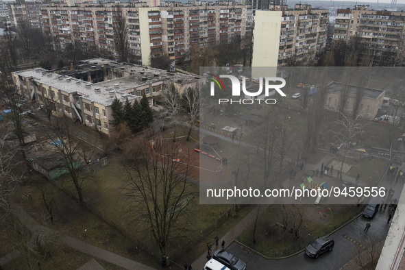 General view of the site of a helicopter crash near kindergarten,  in the Brovary town, in the outskirts of Kyiv, Ukraine, January 18, 2023 