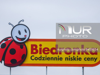 Biedronka logo is seen on Biedronka discount shop in Krakow, Poland on January 18, 2023. (