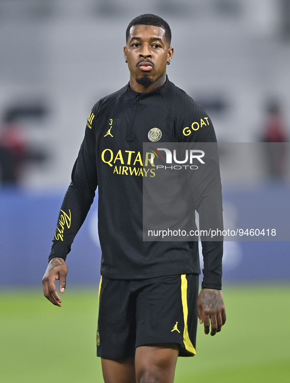 Paris Saint-Germain's Presnel Kimpembe attends a team training session at Khalifa International Stadium in Doha ,Qatar on 18 January 2023. 