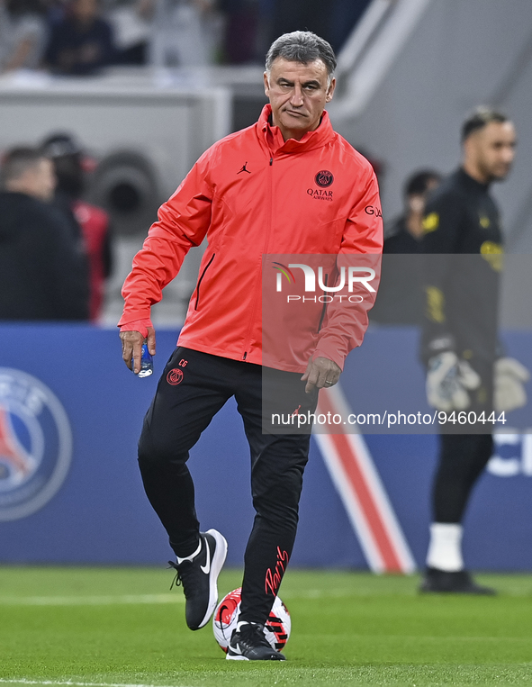 Head coach of Paris Saint-Germain Christophe Galtier attends a team training attends a team training session at Khalifa International Stadiu...