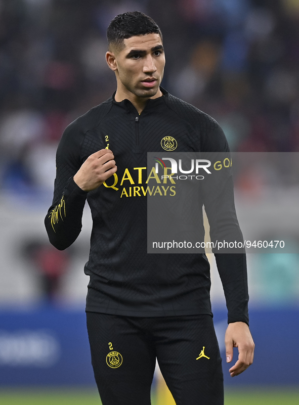 Paris Saint-Germain's Achraf Hakimi attends a team training session at Khalifa International Stadium in Doha ,Qatar on 18 January 2023.
 