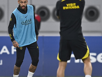 Paris Saint-Germain's Neymar Jr (L) attends a team training session at Khalifa International Stadium in Doha ,Qatar on 18 January 2023.
 (