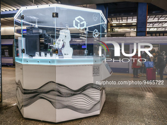 Robox coffee machine is seen on a platform of the train station in Warsaw, Poland on January 19, 2023. A machine is a fully autonomus, conta...