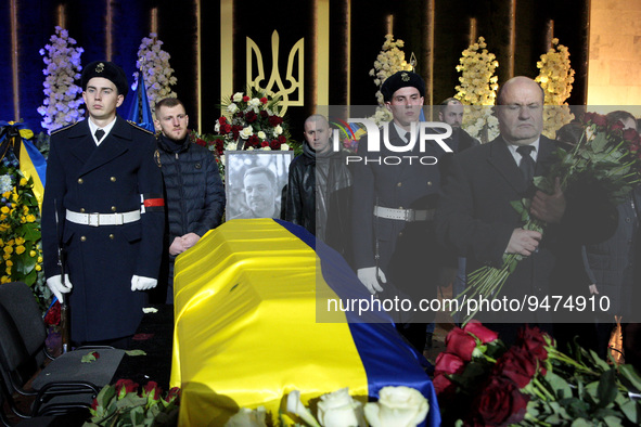 KYIV, UKRAINE - JANUARY 21, 2023 - Mourners and honour guard are pictured at the coffin of late Minister of Internal Affairs of Ukraine Deny...