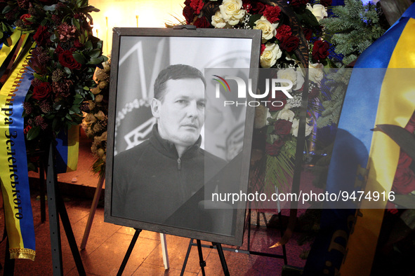 KYIV, UKRAINE - JANUARY 21, 2023 - The portrait of late First Deputy Minister of Internal Affairs of Ukraine Yevhenii Yenin is pictured duri...