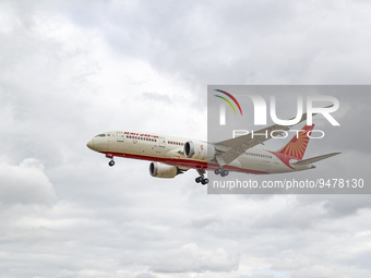 Air India Boeing 787 Dreamliner aircraft as seen on final approach flying for landing at London Heathrow airport during a cloudy day over My...