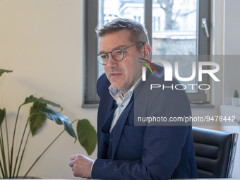 Laurent Kennes lawyer of the former MEP Pier Antonio Panzeri in his office while talking to the local press and international media in Bruss...