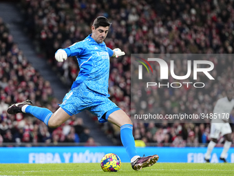 Thibaut Courtois goalkeeper of Real Madrid and Belgium does passed during the LaLiga Santander match between Athletic Club and Real Madrid C...