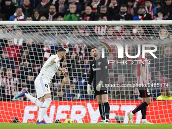 Karim Benzema centre-forward of Real Madrid and France celebrates after scoring his sides first goal during the LaLiga Santander match betwe...