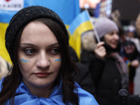 Supporters of Ukraine demonstrate during a “United By Freedom” rally in Times Square on January 22, 2023 in New York City, USA. Ukrainian go...