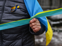 A demonstration of solidarity with Ukraine while celebrating Ukrainian Unity Day on day 333 of Russian invasion on Ukraine. Krakow, Poland o...