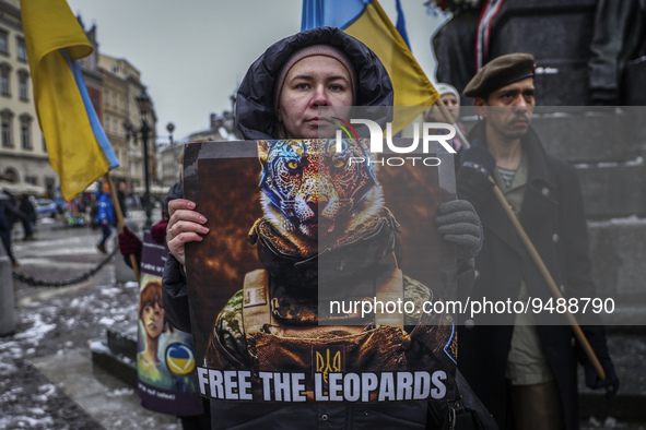 Ukrainian citizens and supporters attend a demonstration of solidarity with Ukraine while celebrating Ukrainian Unity Day on day 333 of Russ...