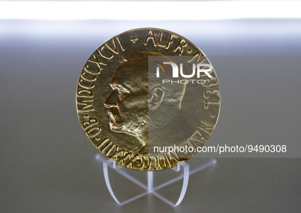 Nobel Peace Prize medal showing Swedish chemist, engineer, inventor, businessman, and philanthropist Alfred Nobel (1833-1896) is seen during...