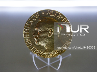 Nobel Peace Prize medal showing Swedish chemist, engineer, inventor, businessman, and philanthropist Alfred Nobel (1833-1896) is seen during...