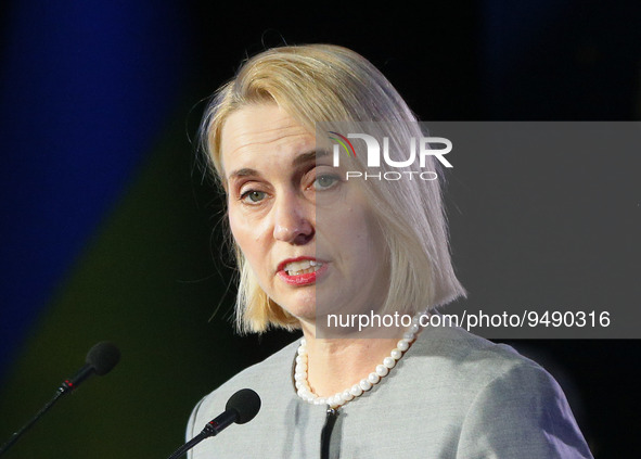 U.S. ambassador to Ukraine Bridget Brink delivers a speech during the Kyiv Security Forum in Kyiv, Ukraine 23 January 2023, amid Russia's in...